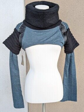 Psylo Armadillo Crop Sweater Teal Blue Black Studded Punk Goth S/M NWT